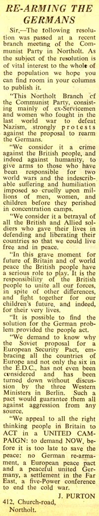 Letter from the Northolt Communist Party to the County Times And Gazette regarding German rearmament, 20 March 1954