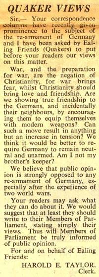 Letter from the Ealing Quakers to the County Times And Gazette regarding German rearmament, 20 March 1954
