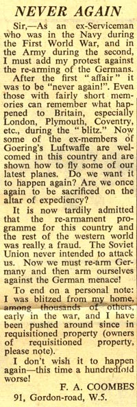 Letter from ex Serviceman to the County Times And Gazette regarding German rearmament, 20 March 1954