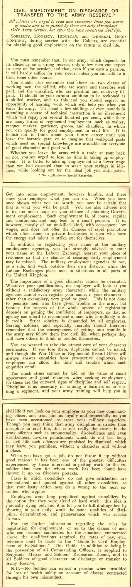 Civil employment on discharge from the army