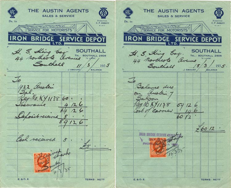 Receipts for deposit and purchase of Austin 7 Saloon in 1935