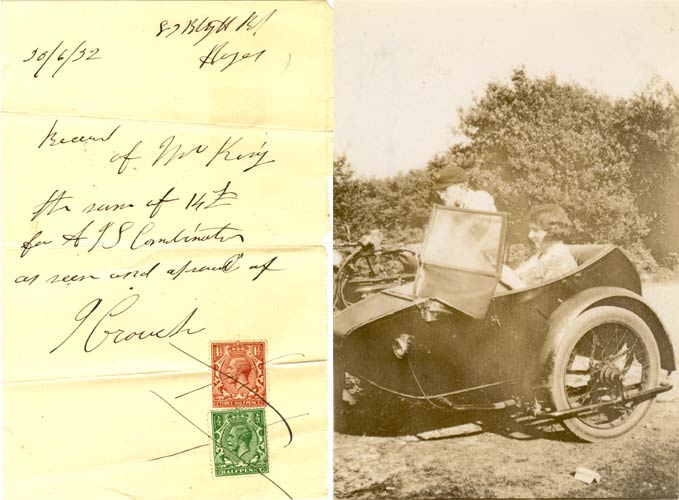 Photograph and receipt for purchase of AJS Combination bought in 1932