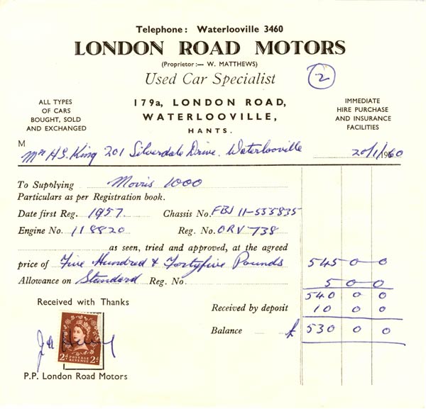 Receipt for purchase of Morris Minor in 1960