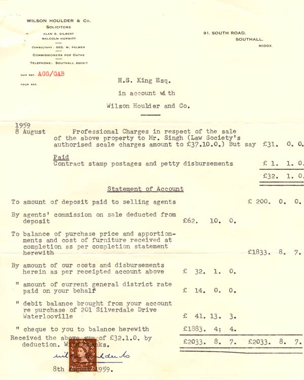Solicitors accounts for sale of 44 Northcote Avenue in 1959
