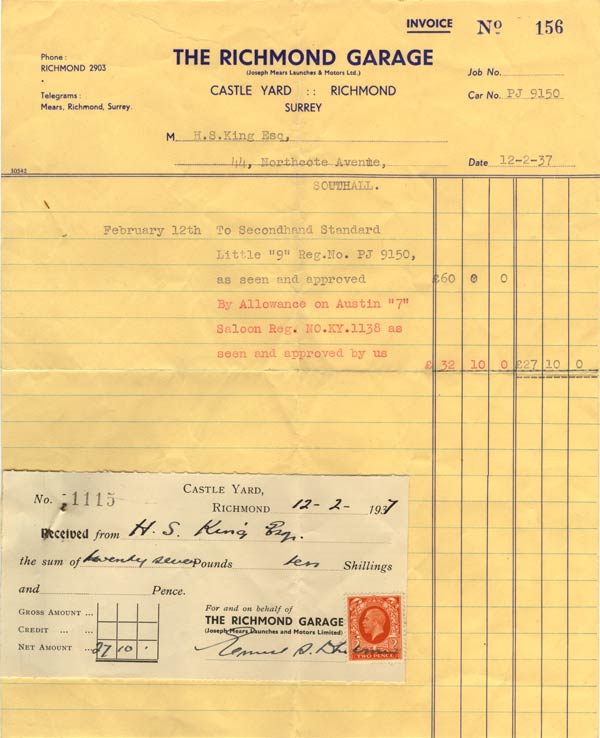 Receipt for purchase of Standard Little 9 in 1937