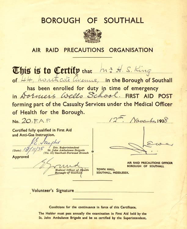 Southall Borough air raid precautions, Dormers Wells School first aid post, 1938