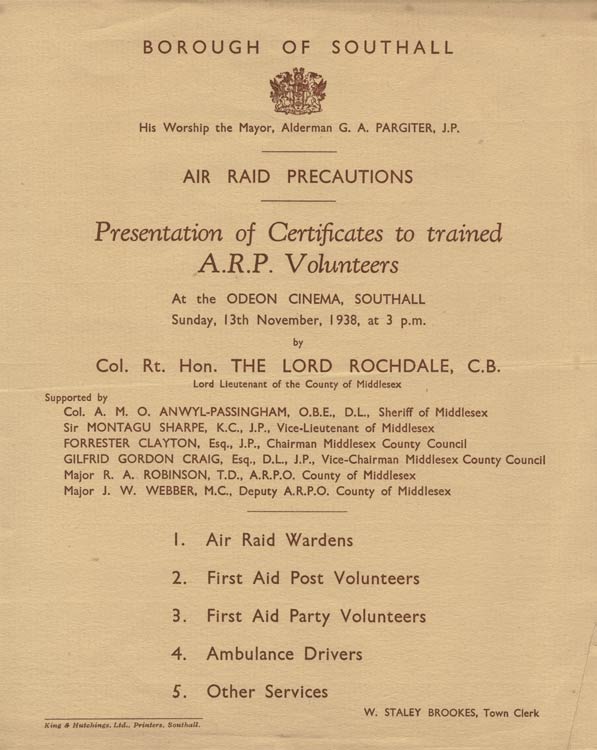 Public presentation of certificates to trained A.R.P. volunteers, Southall, 1938