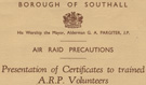 Public presentation of certificates to trained A.R.P. volunteers, Southall, 1938