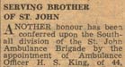 News clipping regarding the admission of Hugh Samuel King as a Serving Brother in the Order of St. John of Jerusalem