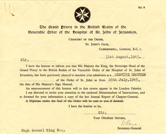 Admission of Hugh Samuel King to the Order of the Hospital of St. John of Jerusalem as a Serving Brother