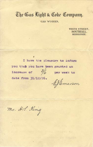 1927 pay rise at the Gas Light And Coke Company, Southall Gas Works, for Hugh Samuel King