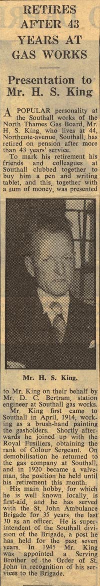 News clipping regarding retirement of Hugh Samuel King from Southall Gas Works in 1957