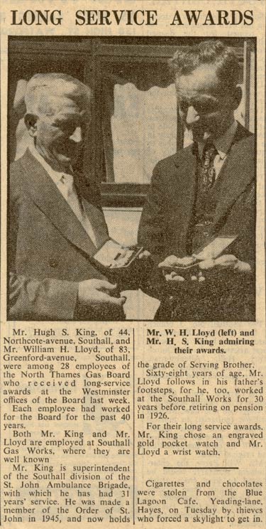 News clipping regarding long service awards by the North Thames Gas Board to employees at Southall Gas Works in 1954