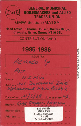 MATSA trades union card, Gas Staffs Western Branch, 1986