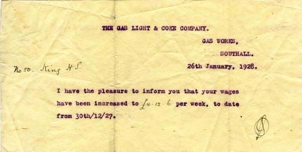 Hugh Samuel King's valveman's wages in 1928 at the Gas Light And Coke Company, Southall