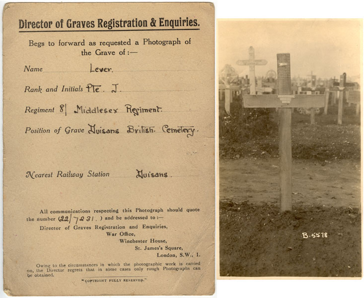 Photograph of grave of Private James Lever, 8th Middlesex Regiment, Duisans British Cemetery, from the Director of Graves Registration and Enquiries