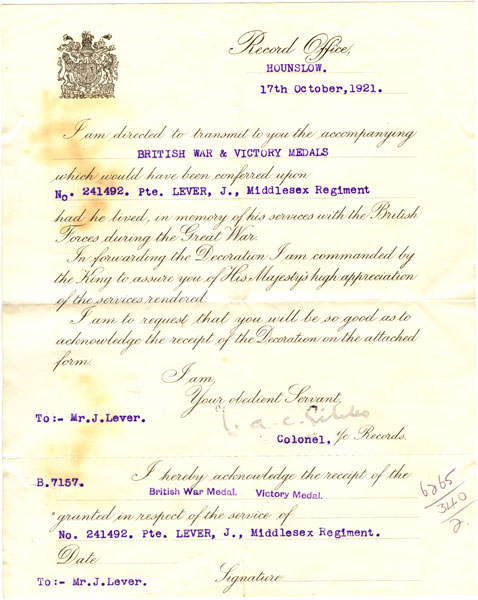 Covering letter for British War and Victory Medals with acknowledgment slip attached, 1921