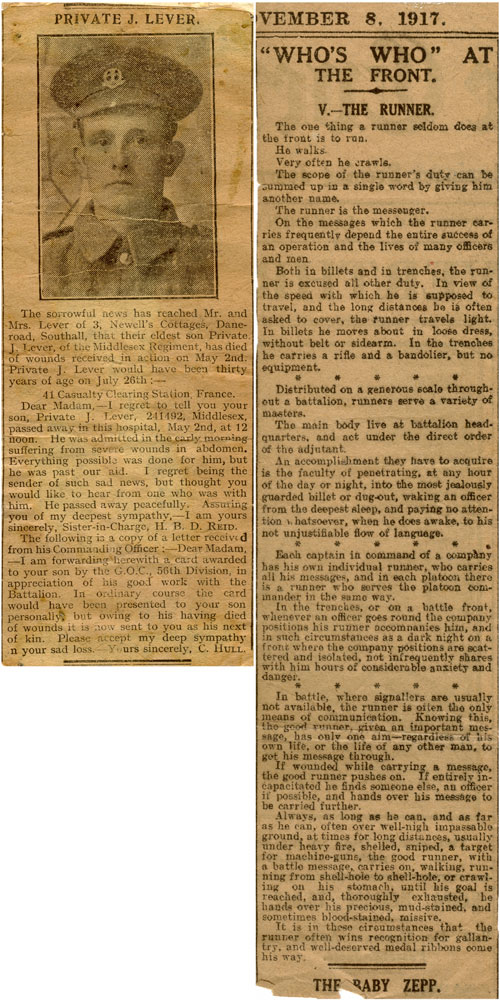 1917 newspaper clippings, obituary of James Lever, Middlesex Regiment and Who's Who At The Front - The Runner
