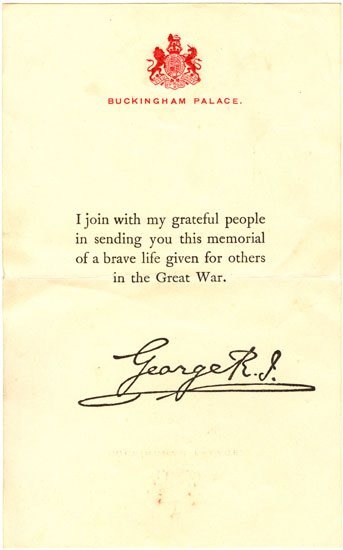 Covering note from King George V for British Memorial Plaque