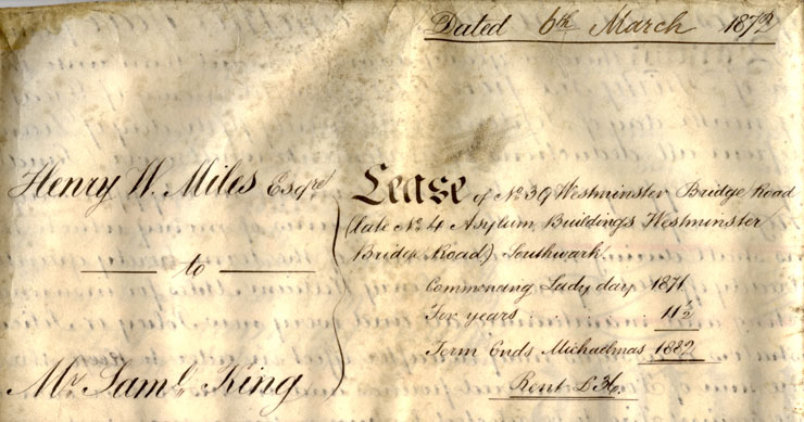 Summary, lease for 39 Westminster Bridge Road, 1872