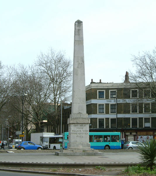 Photograph of Brass Crosby obelisk, St. George's Circus, London, 16 March 2004
